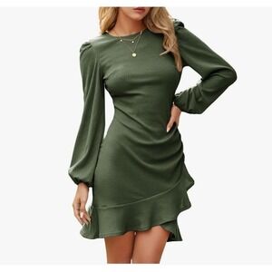 Dark Academia Long Sleeve Bodycon Mini Dress Round Neck Knit Ruffle Ribbed